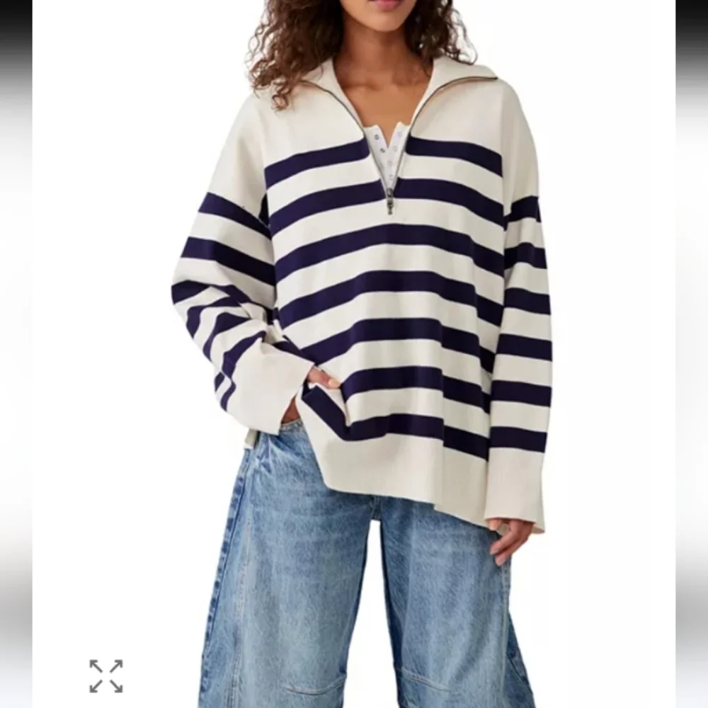 NWT Free People Castal Stripe Pullover In Carbon Champagne Cream Sweater Size M - Picture 7 of 10